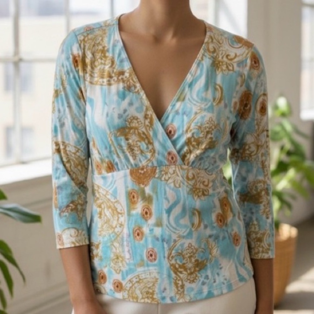 CAbi Gold and Blue Patterned Top